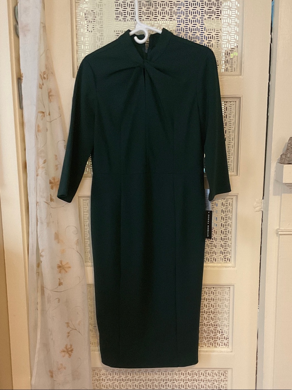 Donna Morgan Forest Green Midi Sheath Dress with Twist Neck